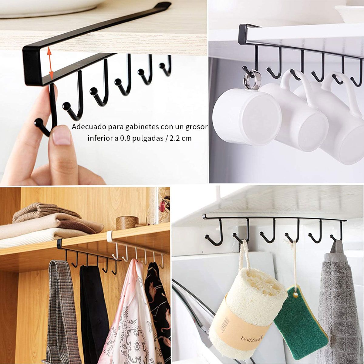 AIZO - AIZO  Gancho Cocina 6 en 1 Acero sin Taladro Negro