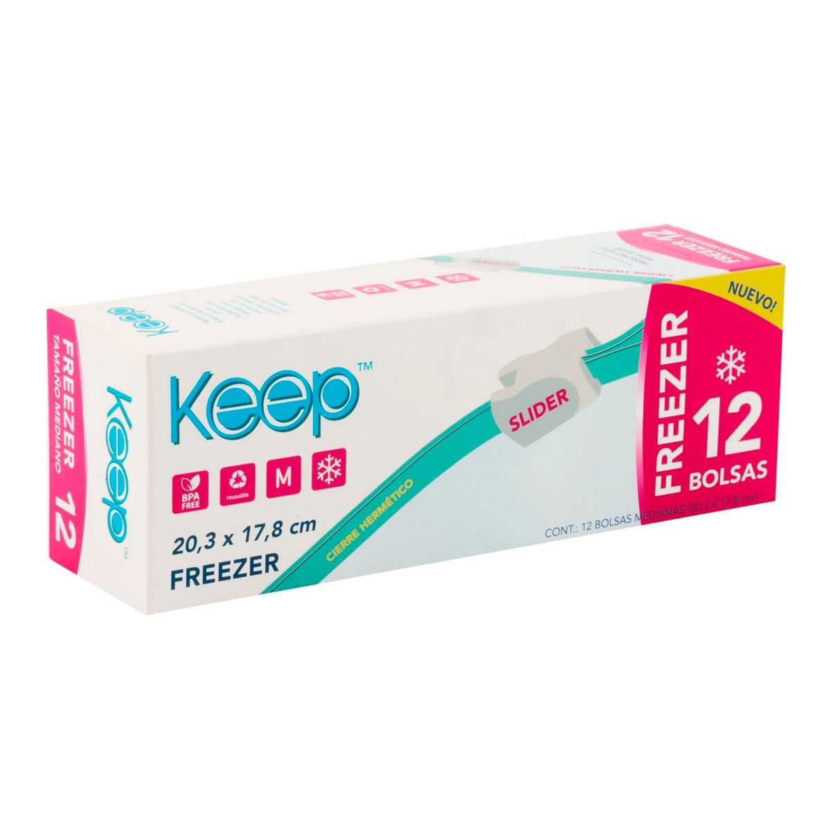 KEEP - 12 Bolsas Freezer Cierre Hermético Slider 20,3x17,8cm M Keep