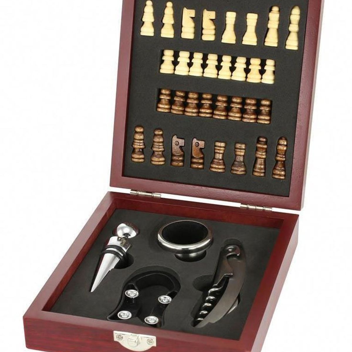 GENERICO - SET DE VINO EN CAJA DE MADERA CON AJEDREZ PORTÁTIL