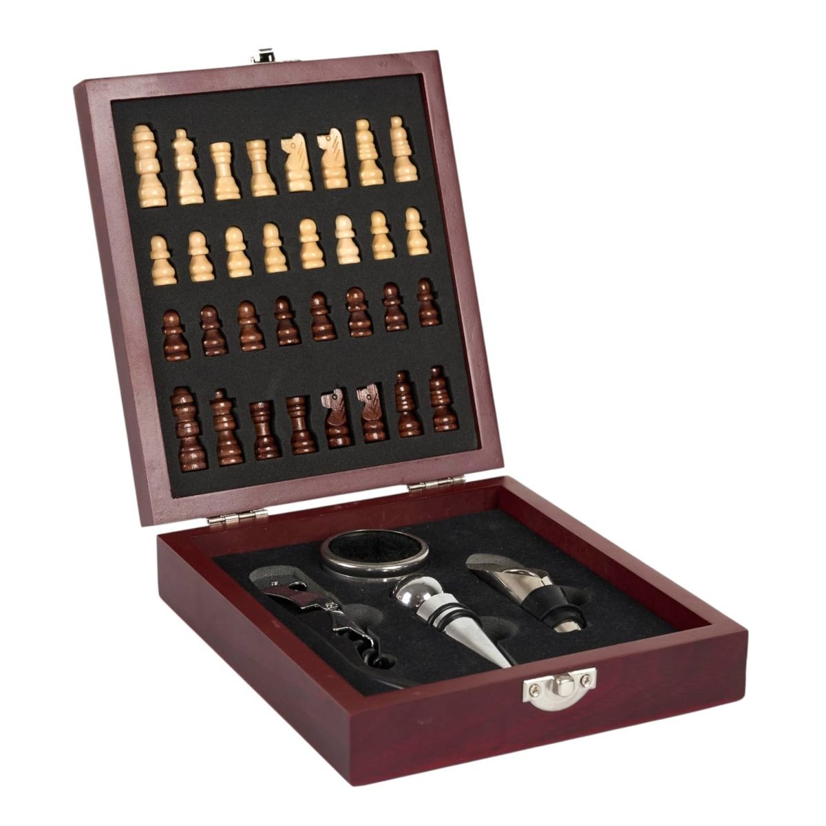 GENERICO - SET DE VINO EN CAJA DE MADERA CON AJEDREZ PORTÁTIL