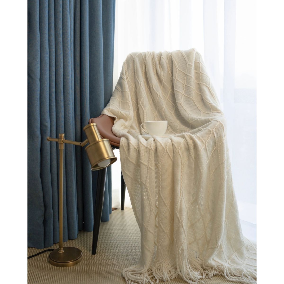 DEKOHOME - Manta tejida Rombos Material acrílico 172x127cm Blanco invierno