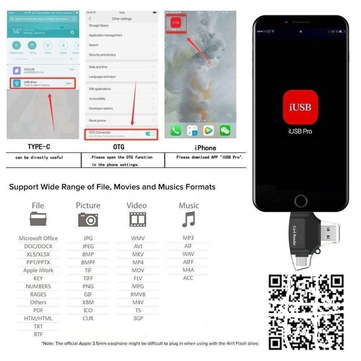 GENERICO - Adaptador 4 En 1 Lector Tarjetas Sd/tf Usb/micro/c/lightning