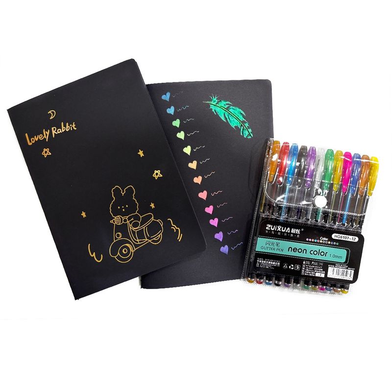 GENERICO - Agenda Cuaderno Libreta Negra + 12 Lapiz Neon Gliter Gel