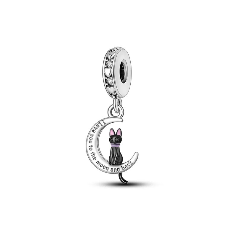 SILVER HEART - Charm Gato Negro y Luna en Plata Fina 925 SILVER HEART