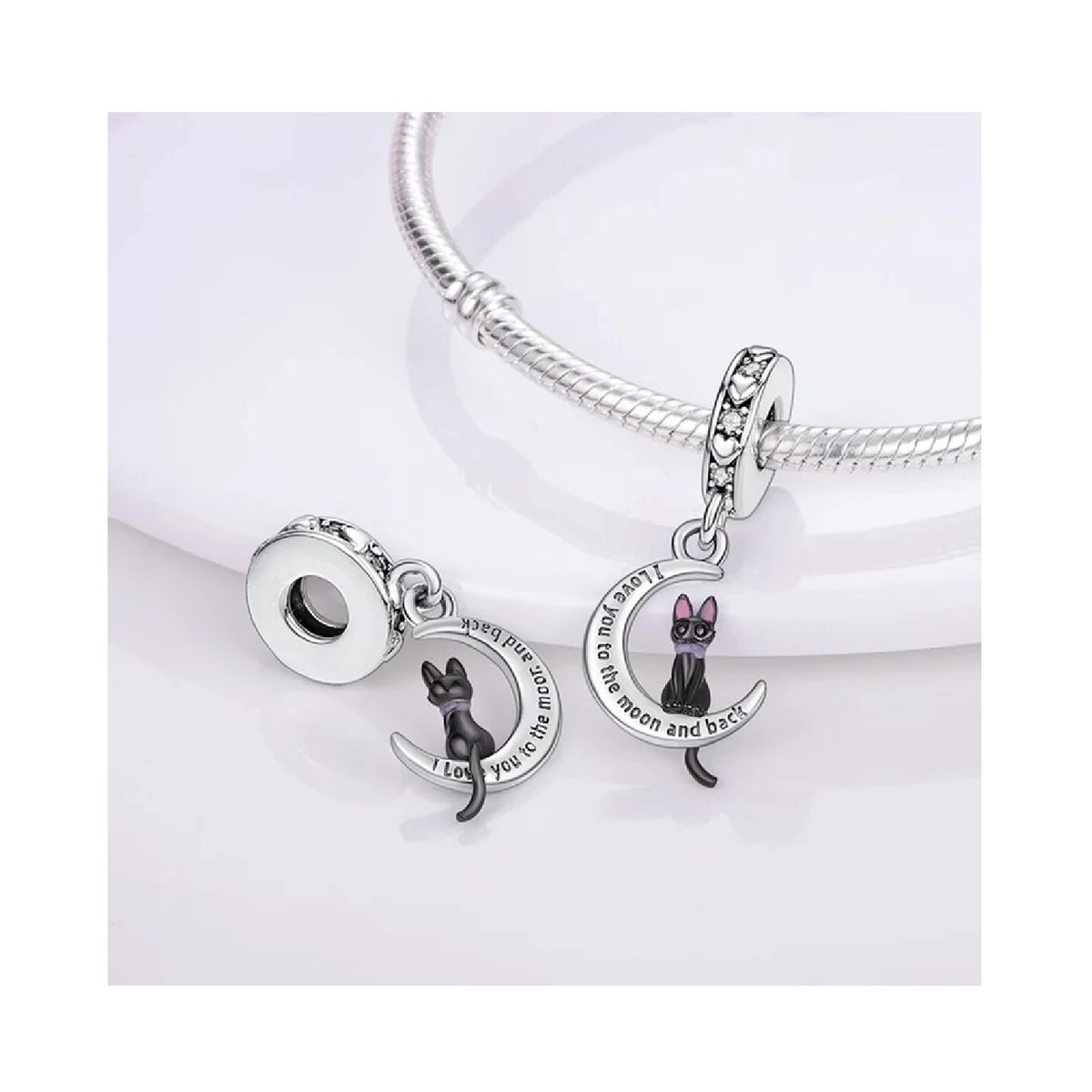 SILVER HEART - Charm Gato Negro y Luna en Plata Fina 925 SILVER HEART