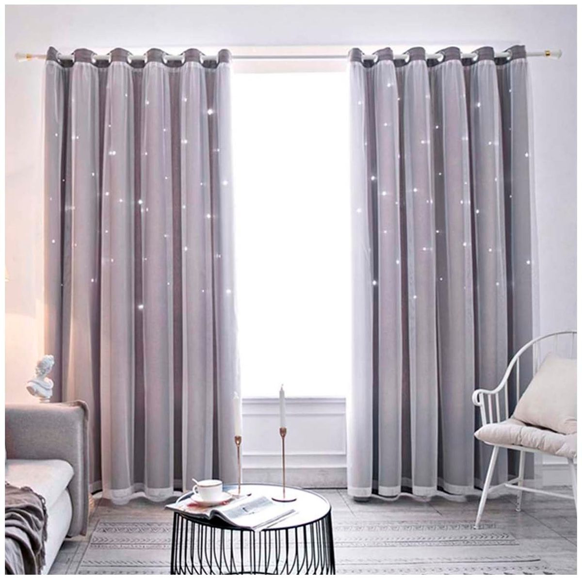 GENERICO - Cortinas Blackout con agujero estrella y Visillo integrado - Gris.