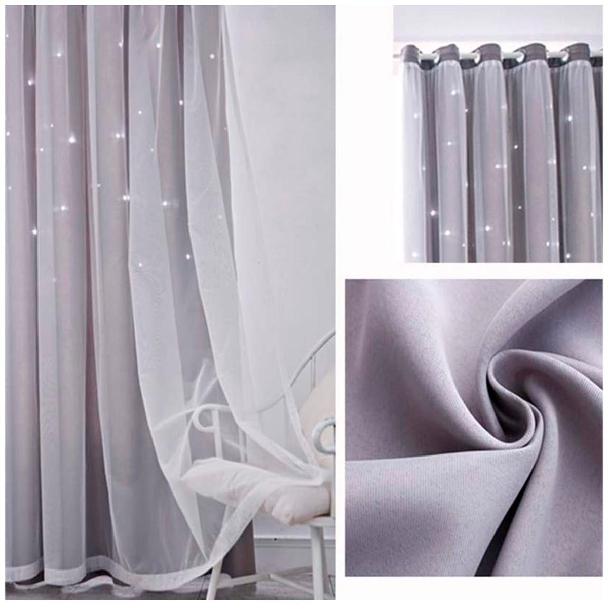 GENERICO - Cortinas Blackout con agujero estrella y Visillo integrado - Gris.