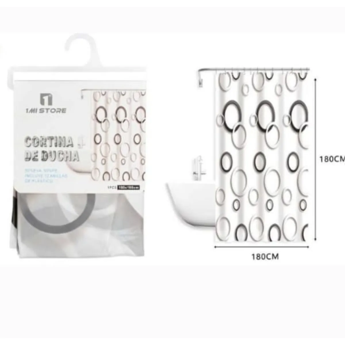 OEM - Cortina Baño Ducha Poliéster 180x180 Blanco con Negro