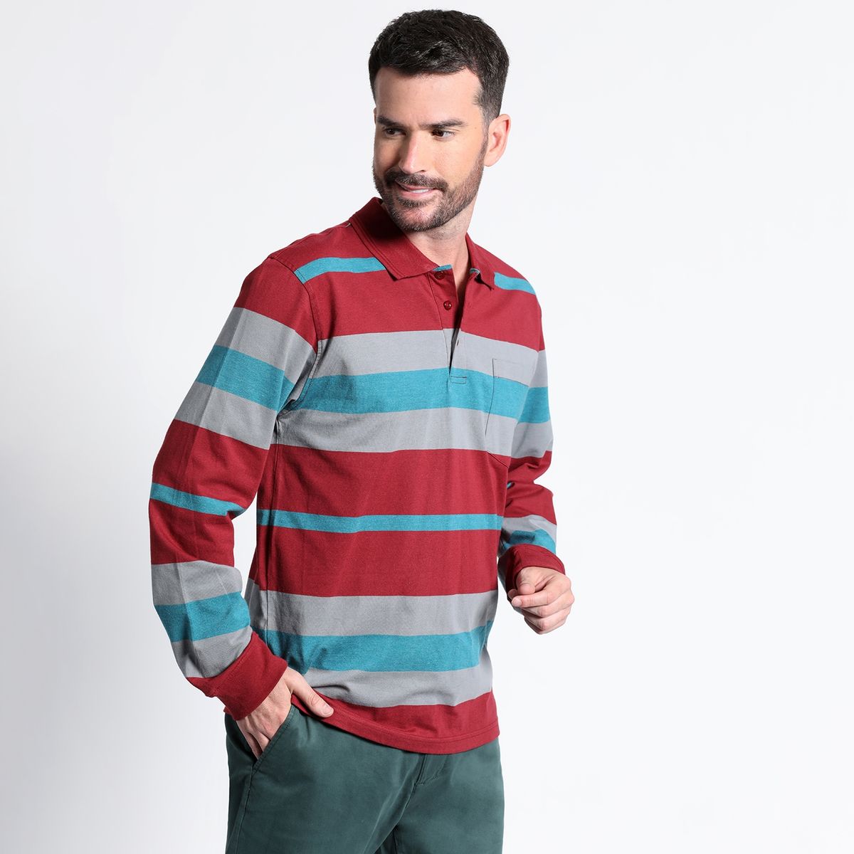 KOTTING - Polera Jersey Listada Cuello Camisero Manga Larga Regular Fit KOTTING