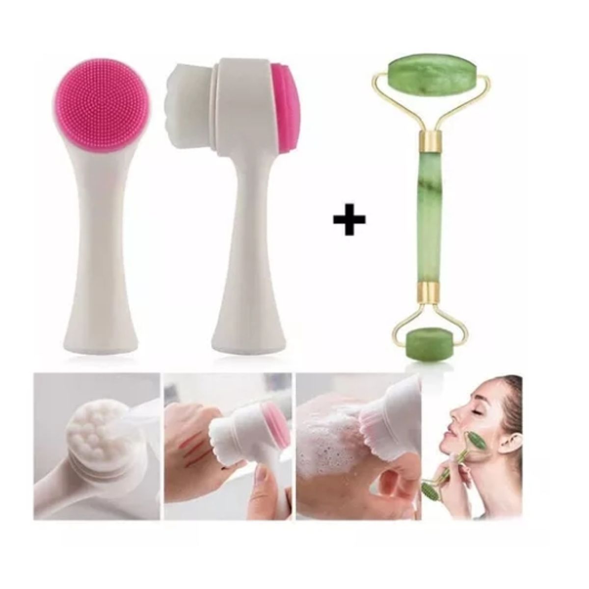 GENERICO - Set Rodillo Masajeador  Cepillo Limpieza Facial Doble