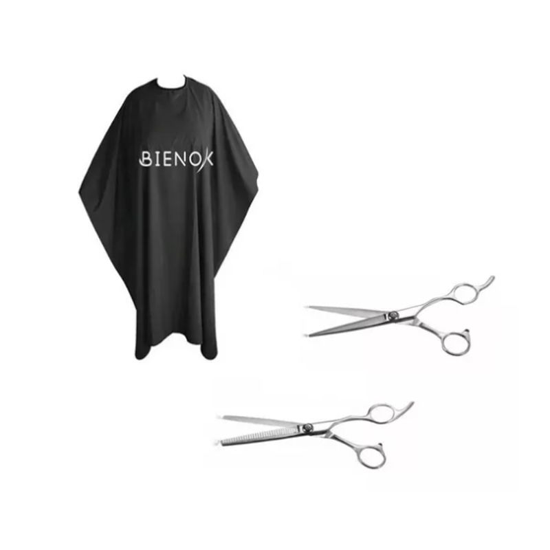GENERICO - Set Tijeras De Corte Filo Navaja Y Esculpidora Y Capa Corte Negro