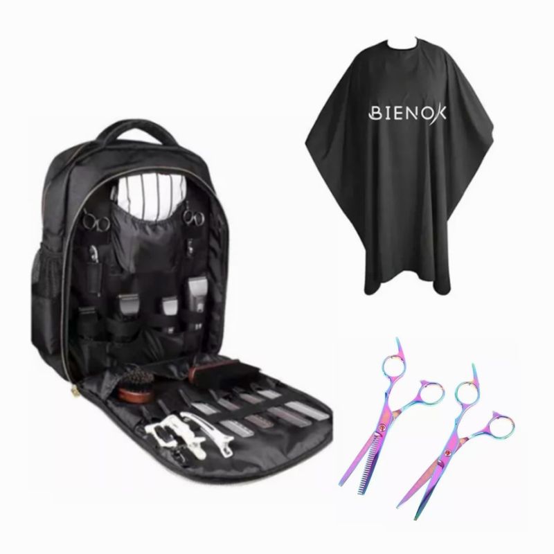 GENERICO - Kit Bolso Barbero + 2 Tijeras Corte Tornasol+ Capa Larga Peluquería