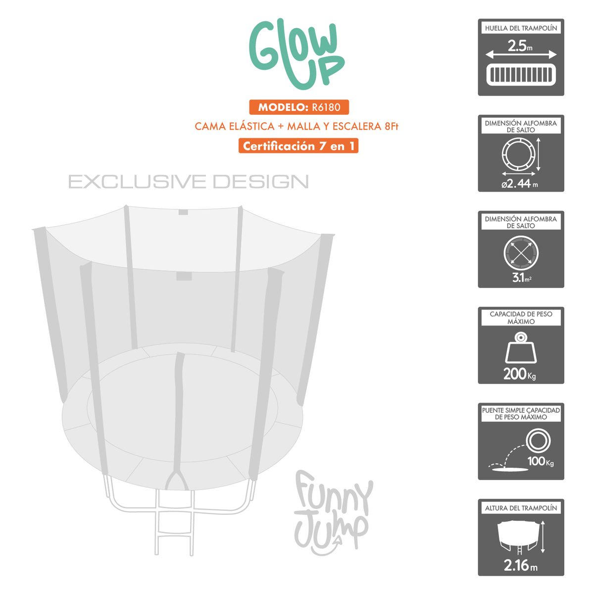 GLOWUP - Pack Cama elástica 8ft Ed Exclusiva Set de Basketball