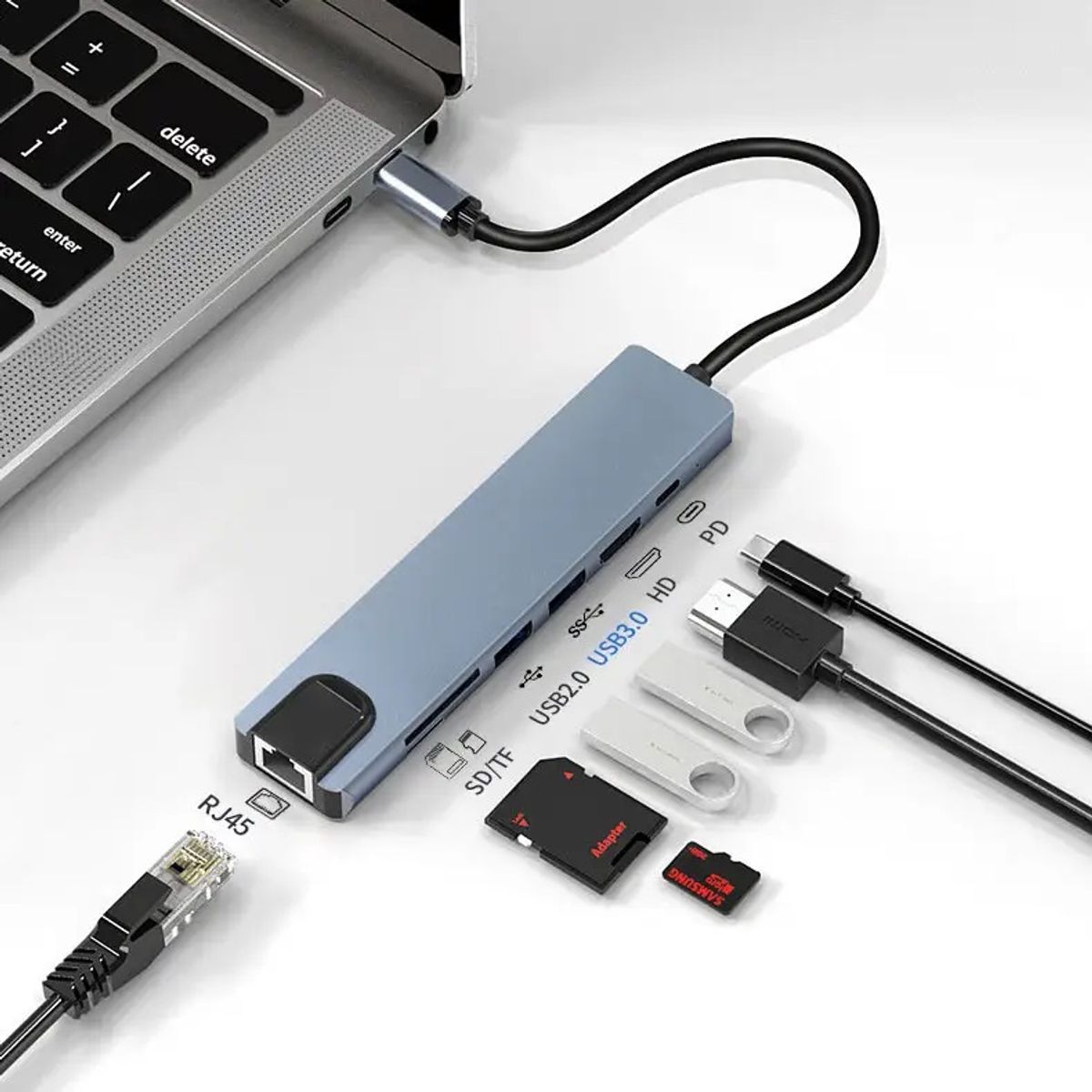 GENERICO - Hub Adaptador USB Tipo C 7 en 1 HDMI 4K, Ethernet, USB 3.0 2.0, PD 100W y Lector de Tarjetas SD/TF