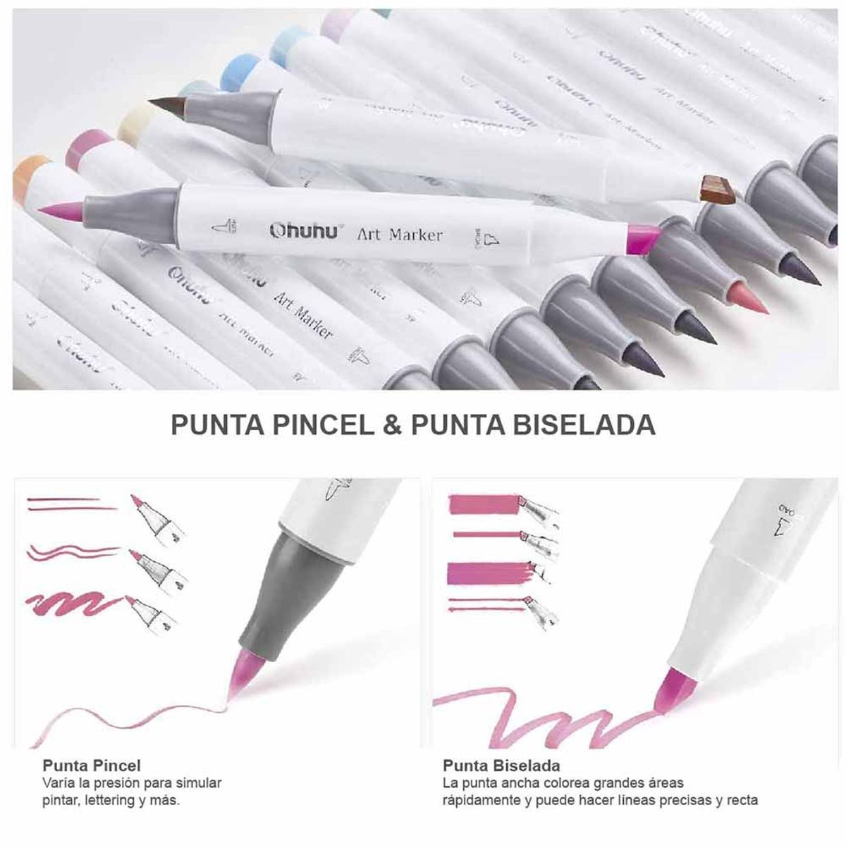 OHUHU - Ohuhu 216 Marcadores De Alcohol + 1 Blender. Pincel&biselada