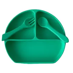GENERICO - Plato de silicona con ventosa cuchara y tenedor verde