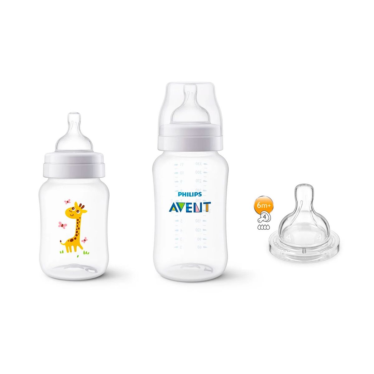 AVENT - Set Mamadera Anticólico Avent Jirafa 260ml+ 330ml+ tetina 6m