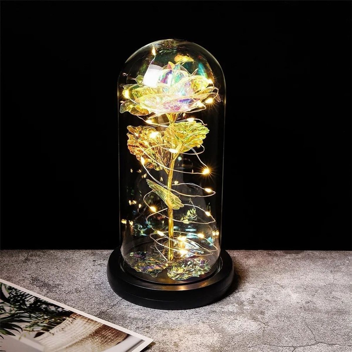 KUANGYE - Rosa Eterna Tornasol Cupula De Vidrio Lampara Led Regalo