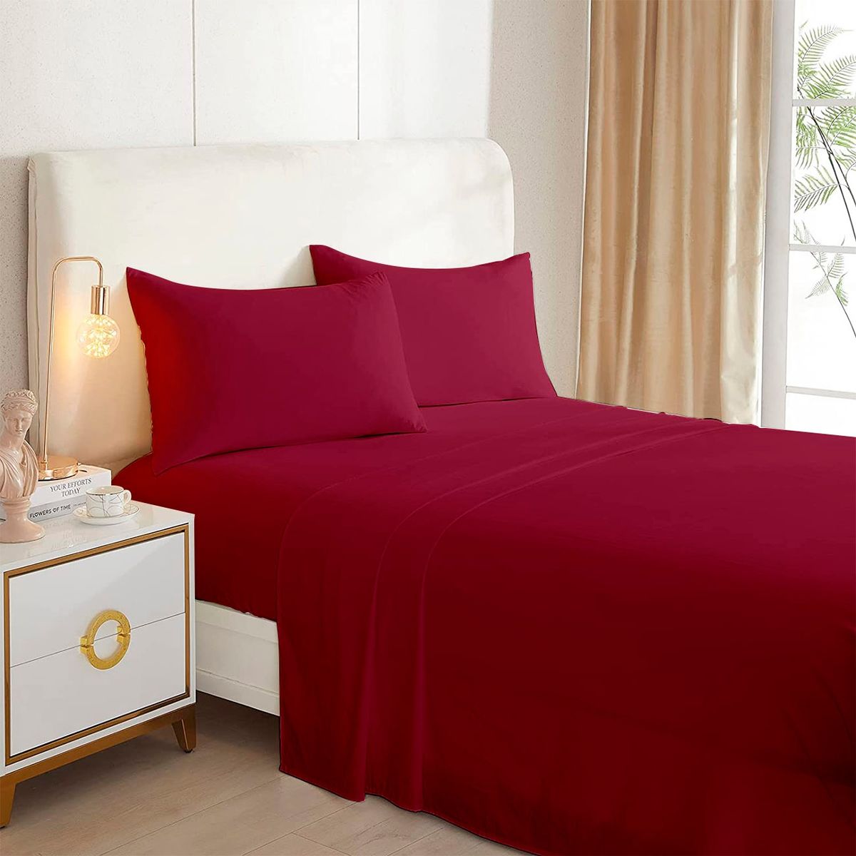 GENERICO - Juego De Sabanas Burdeo 2.0 Plazas (Queen) 144 Hilos (4 Piezas)