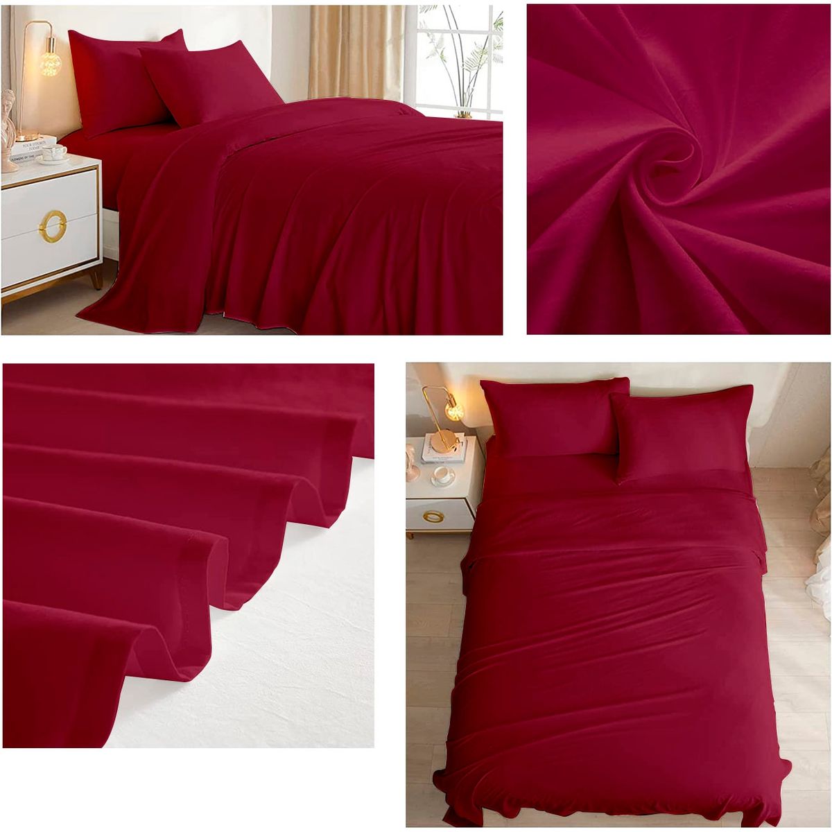 GENERICO - Juego De Sabanas Burdeo 2.0 Plazas (Queen) 144 Hilos (4 Piezas)