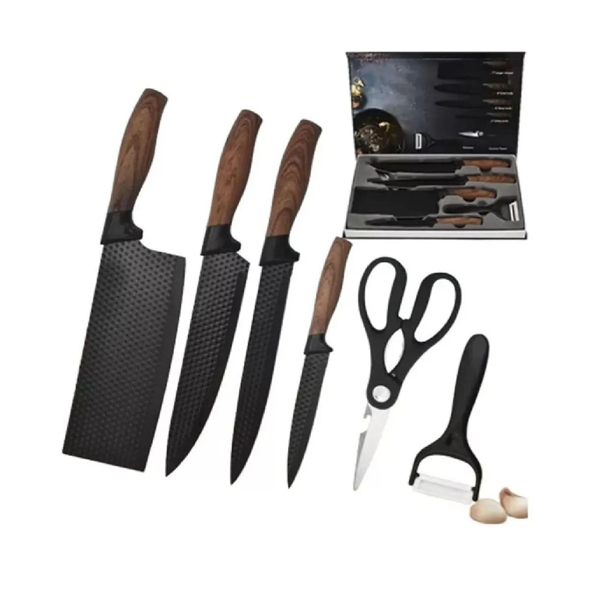 GENERICO - Set De 6 Cuchillos Negros Marrón Chef Cocina Tijera Pelador Pro