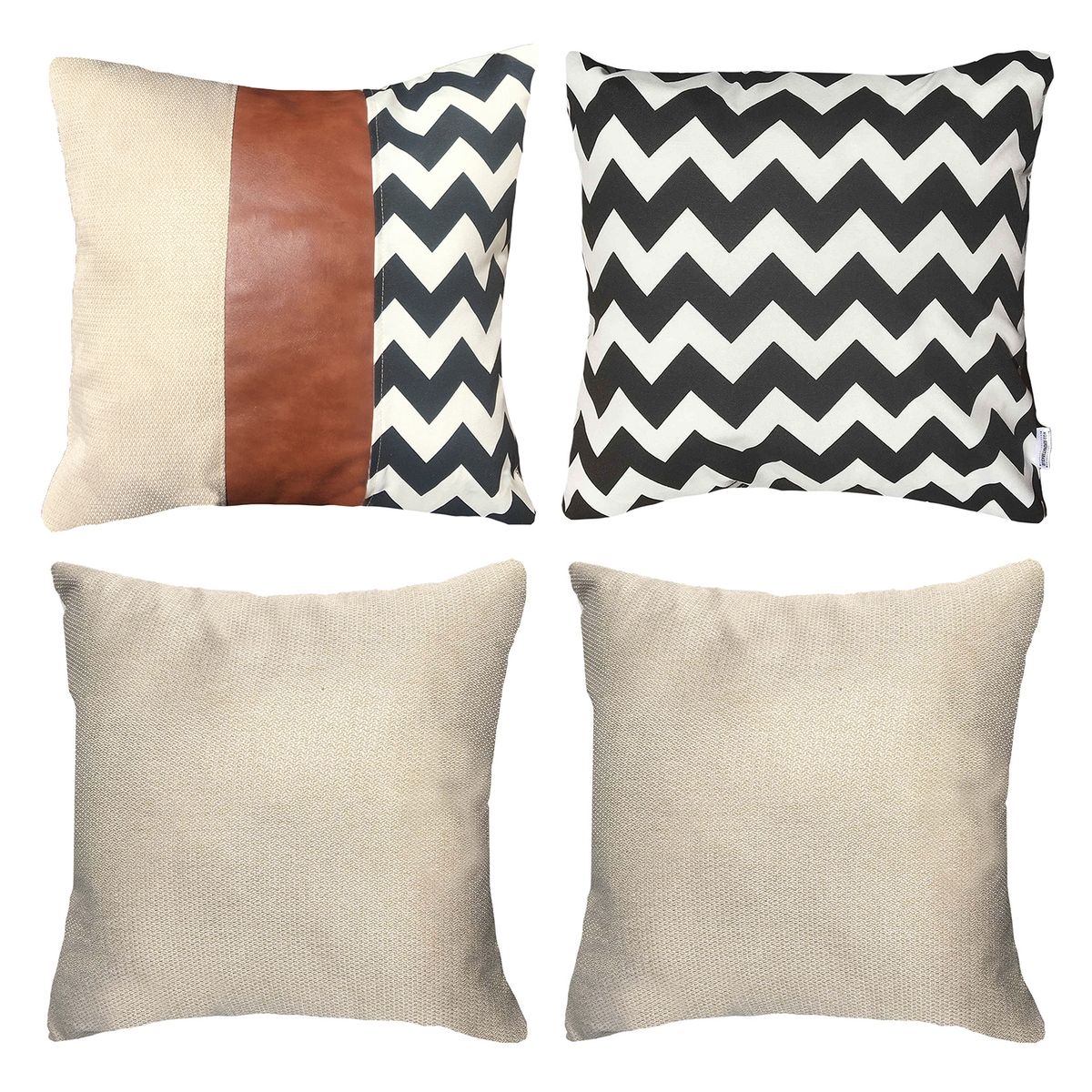 ELIZABETH PEPER - Pack 4 Cojines Decorativos EcoCuero ZigZag Negro 50x50.