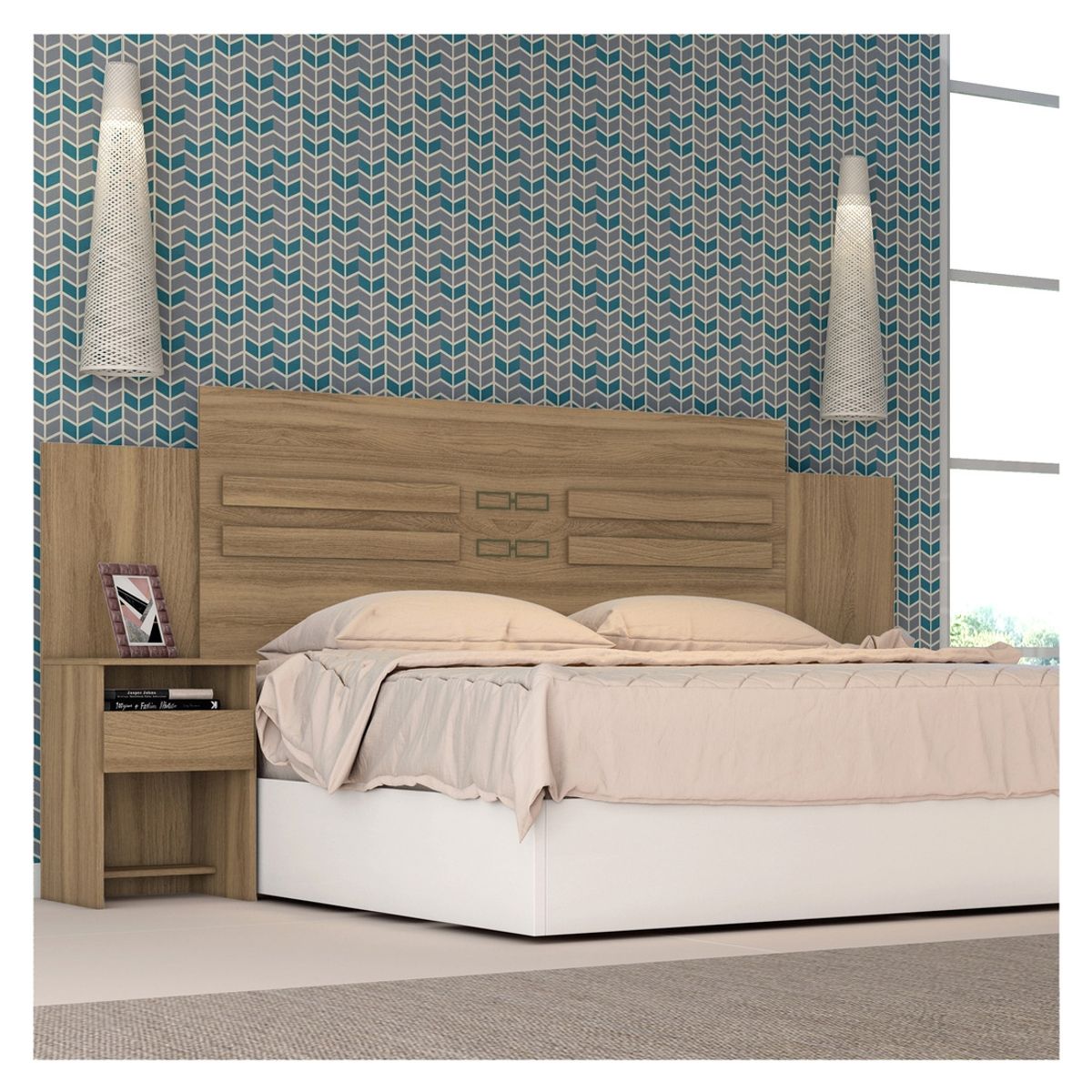 RODLER - Respaldo Cama Queen 2 Plazas Set 2 Veladores Café Claro