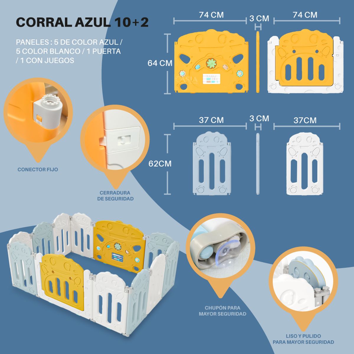 KIDSTAR - Corral para bebe modelo 10+2 paneles azul