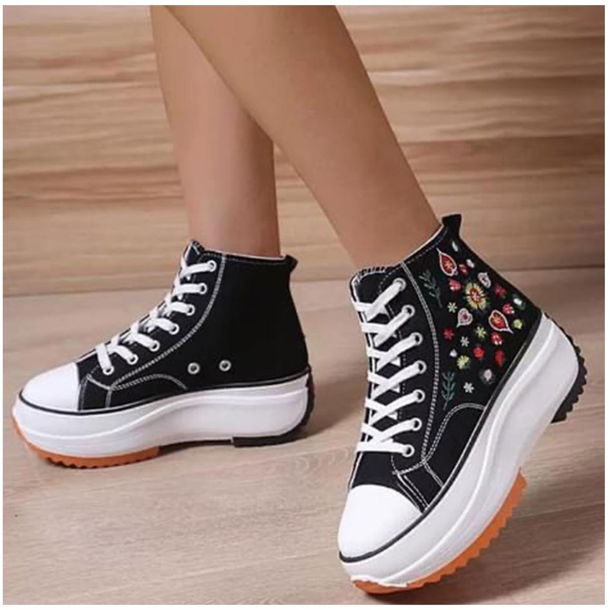 GENERICO - Zapatilla De Lona Con Caña y Plataforma - Negro Bordado De Flores - 7075