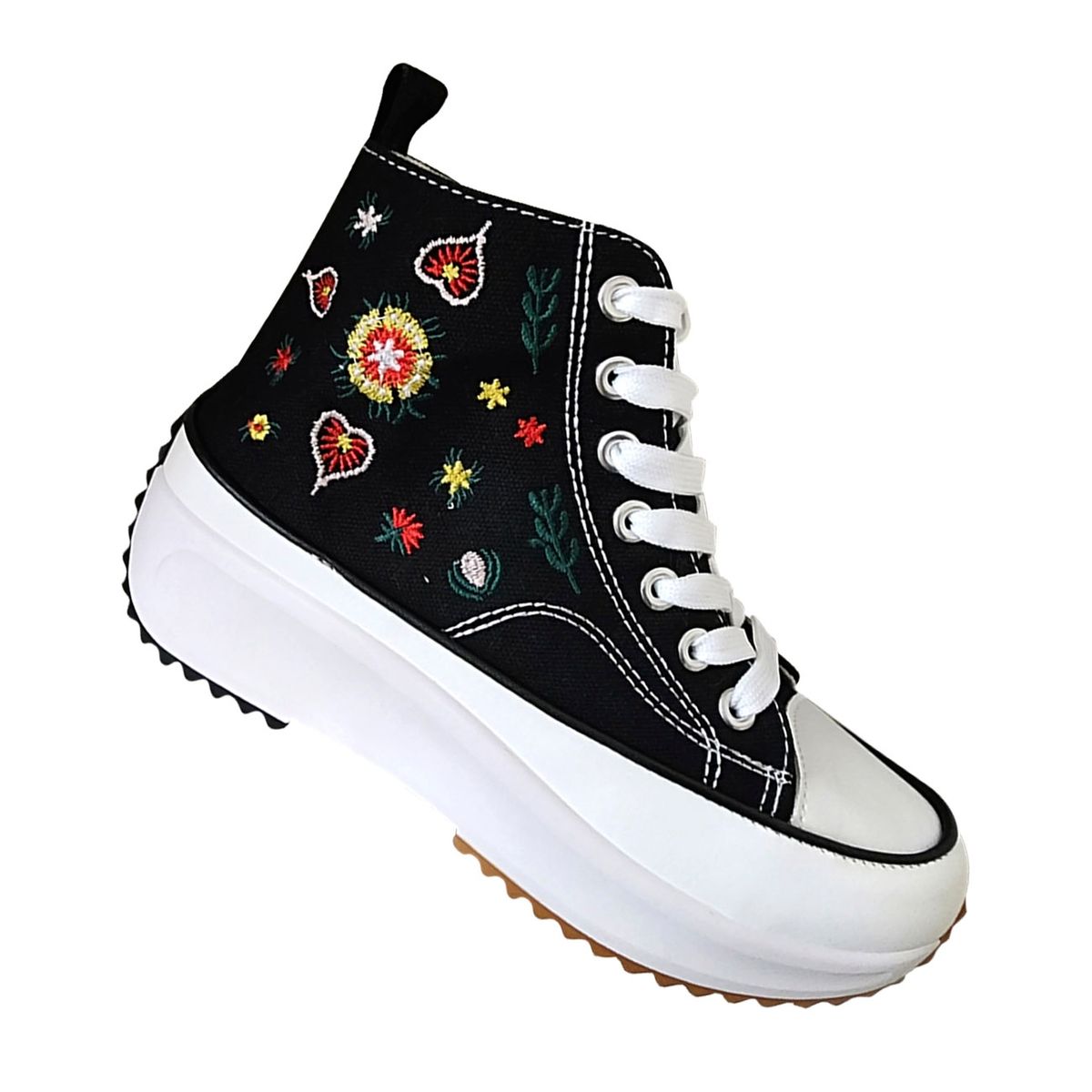 GENERICO - Zapatilla De Lona Con Caña y Plataforma - Negro Bordado De Flores - 7075