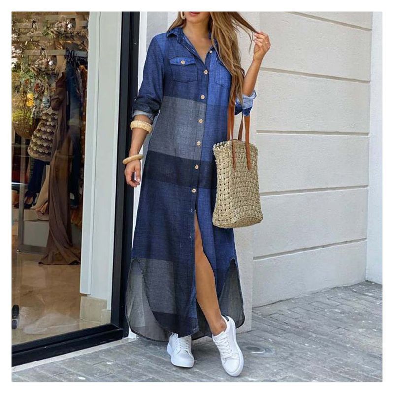 SUPER BABY - Vestidos camiseros de manga larga para mujer vestidos largos- azul.