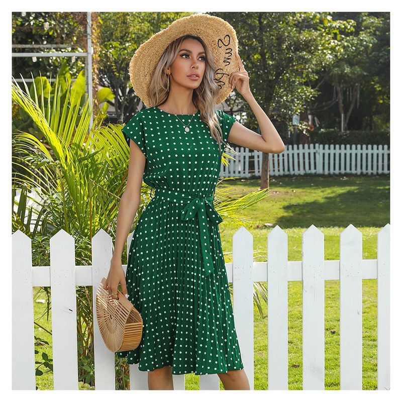 SUPER BABY - Falda midi de verano vestido de lunares de manga corta- verde.