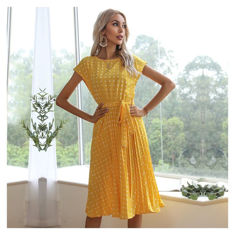 SUPER BABY - Falda midi de verano vestido de lunares de manga corta- amarillo.