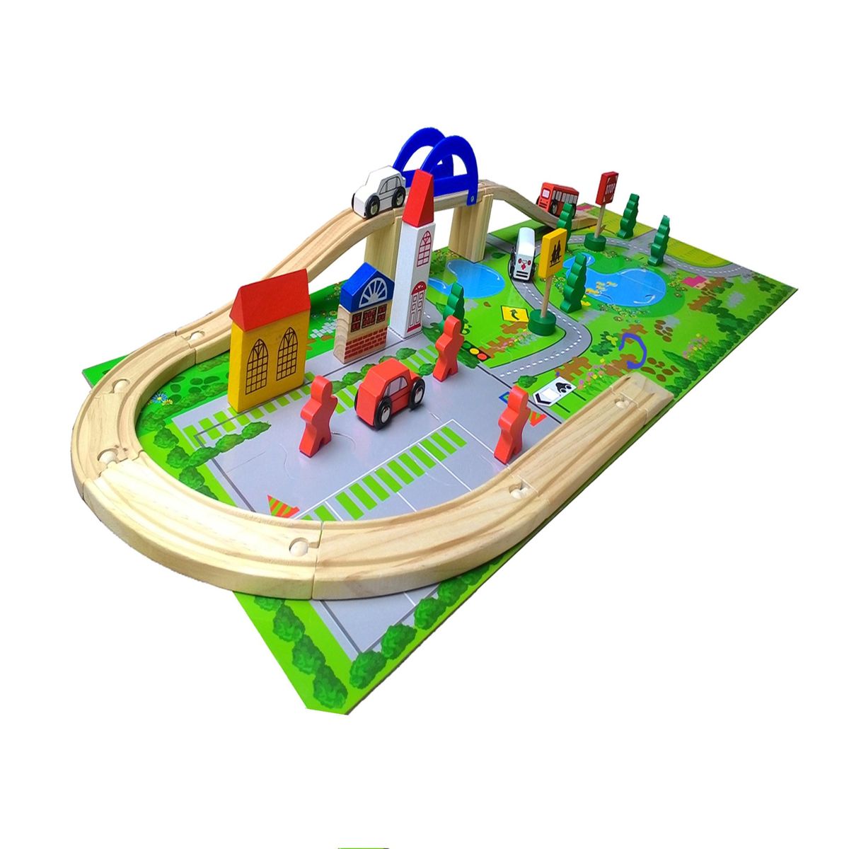 GENERICO - Pista Tren auto Madera Ciudad paso nivel