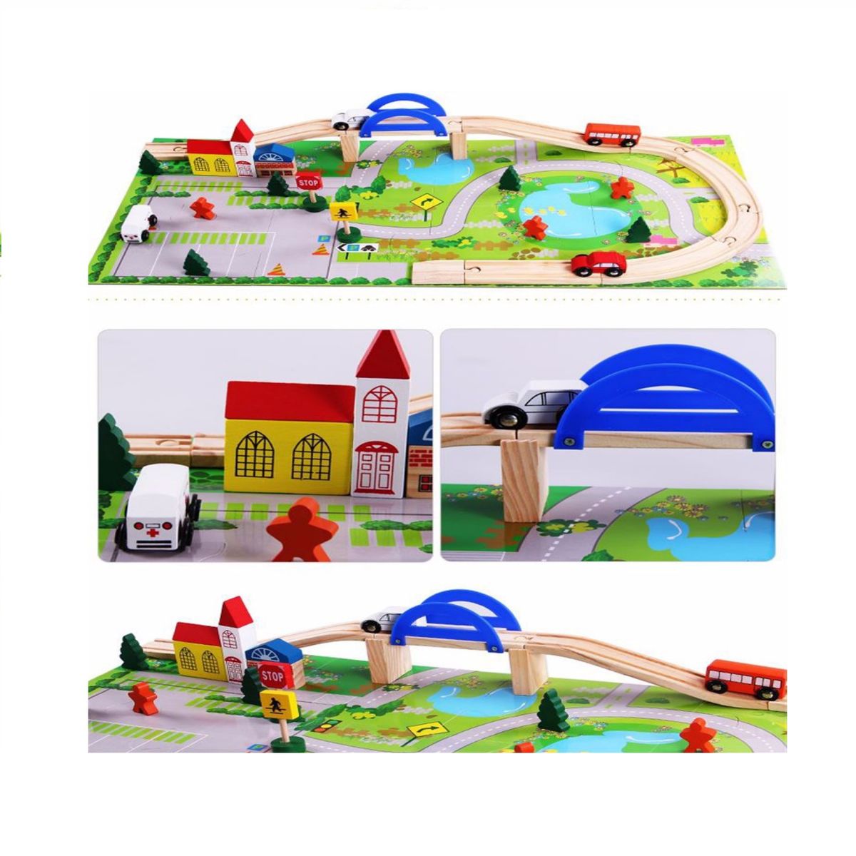 GENERICO - Pista Tren auto Madera Ciudad paso nivel