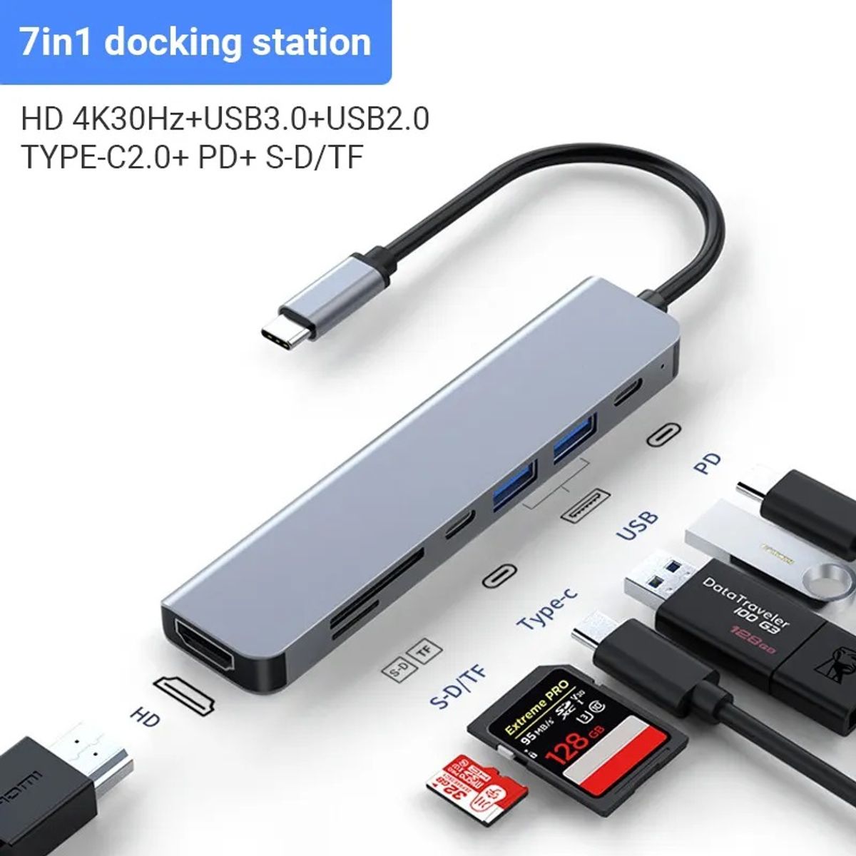 GENERICO - Hub Adaptador Usb Tipo C 7 en 1 para MacBook y Windows 4K UHD TF/SD Plug And Play