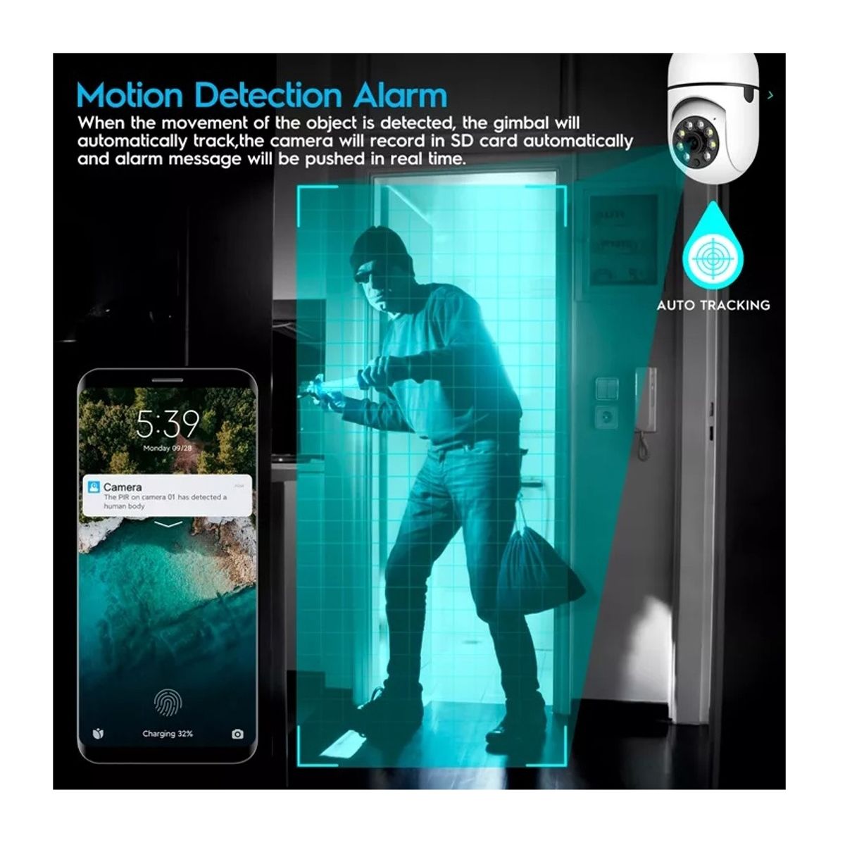 GENERICO - Cámara de Seguridad Inteligente WIFI con Visión Panorámica 360° Ampolleta Detección Movimiento