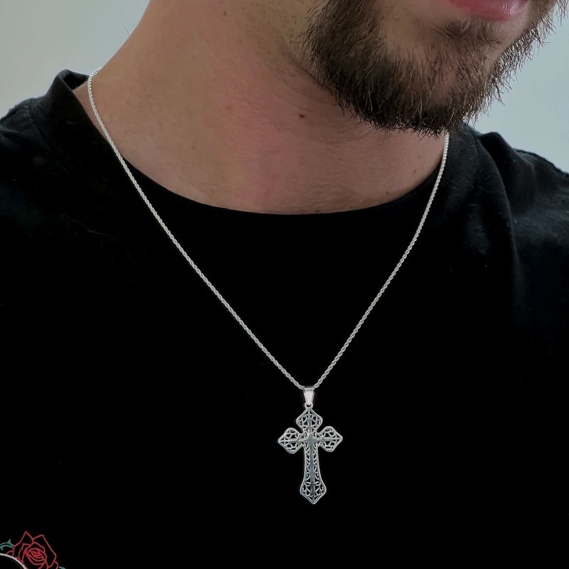 GENERICO - Collar Cadena Hombre Torbillon + Colgante Cruz Tallada Plata Fina 925