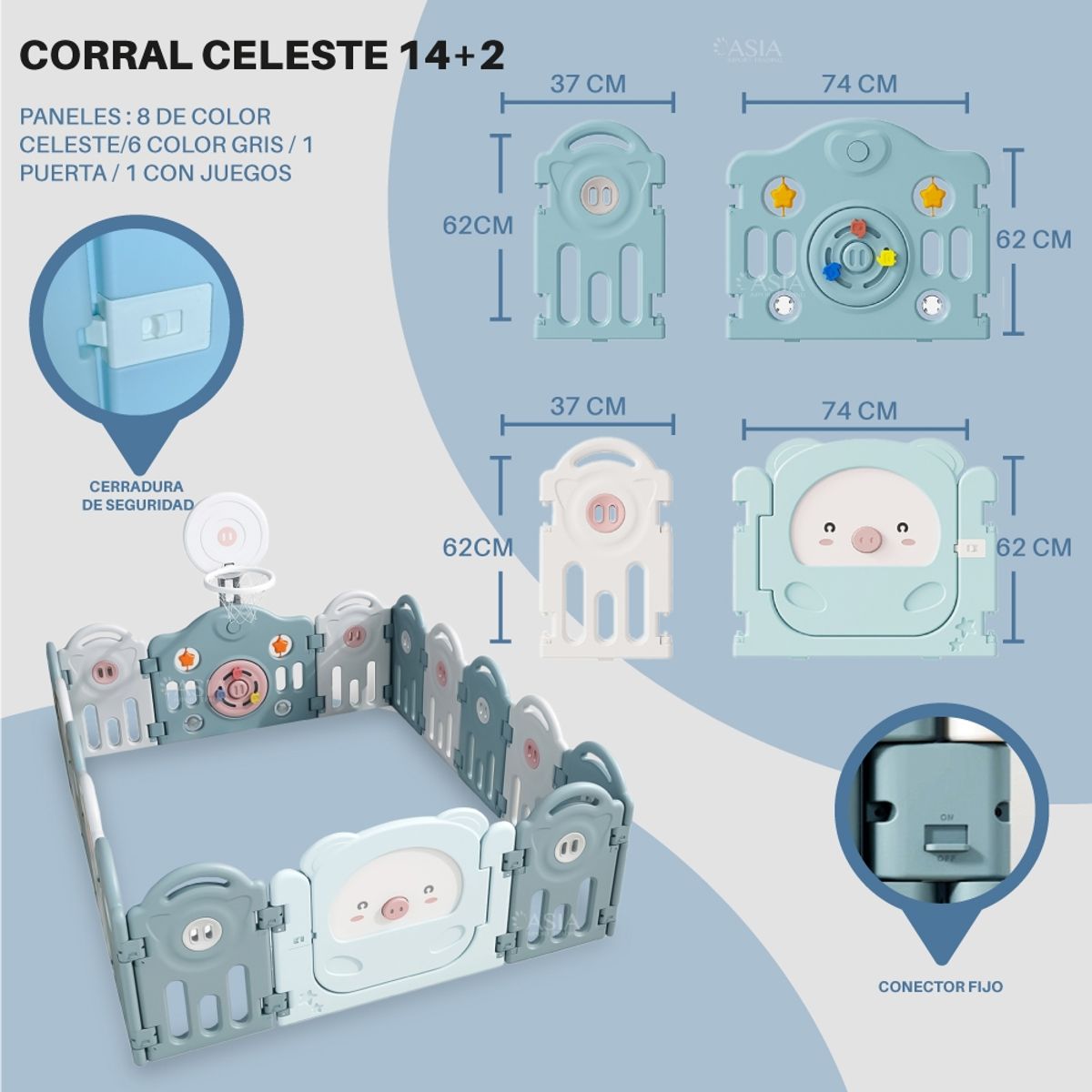 KIDSTAR - Corral para bebe Celeste modelo 14+2 paneles