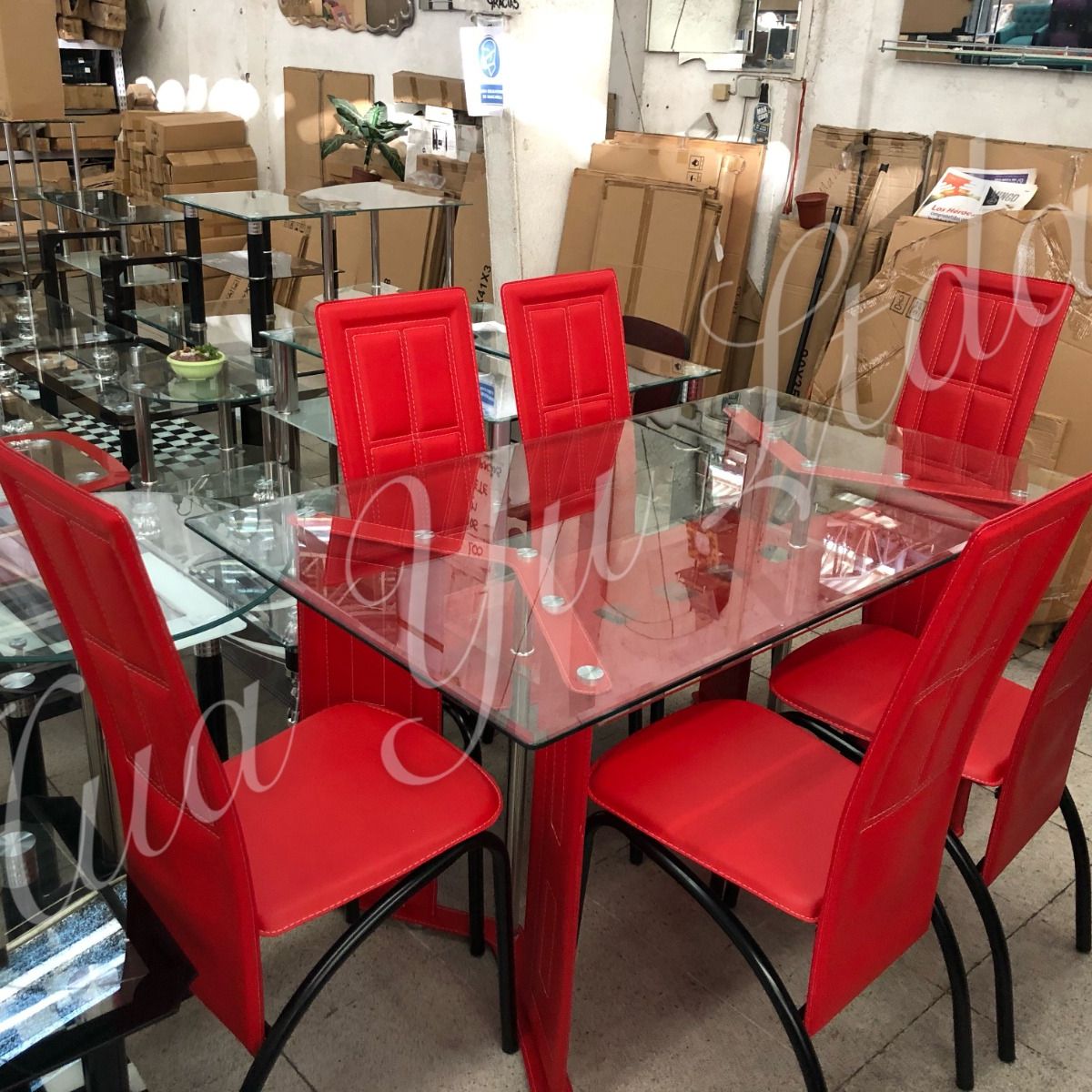 OEM - juego de comedor rectangular vidrio templado con 6 sillas Rojo  140x80x75…