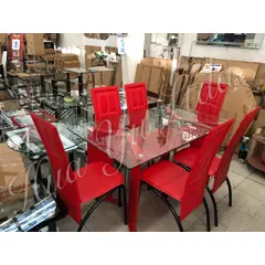 OEM - Juego de comedor rectangular vidrio templado con 6 sillas Rojo 140x80x75