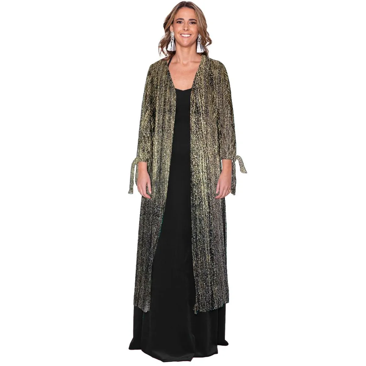 MARIA PASKARO - Tapado Kimono Largo Verona Negro Lineas Dorado Plisado Transparente Maria Paskaro - Dorado