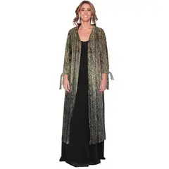 MARIA PASKARO - Tapado Kimono Largo Verona Negro Lineas Dorado Plisado Transparente - Dorado