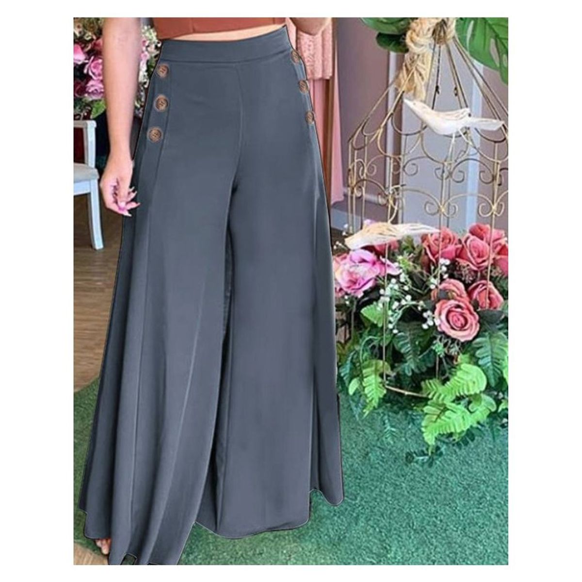 GENERICO - Pantalones anchos de cintura alta elásticos con botones para mujer-gris.…