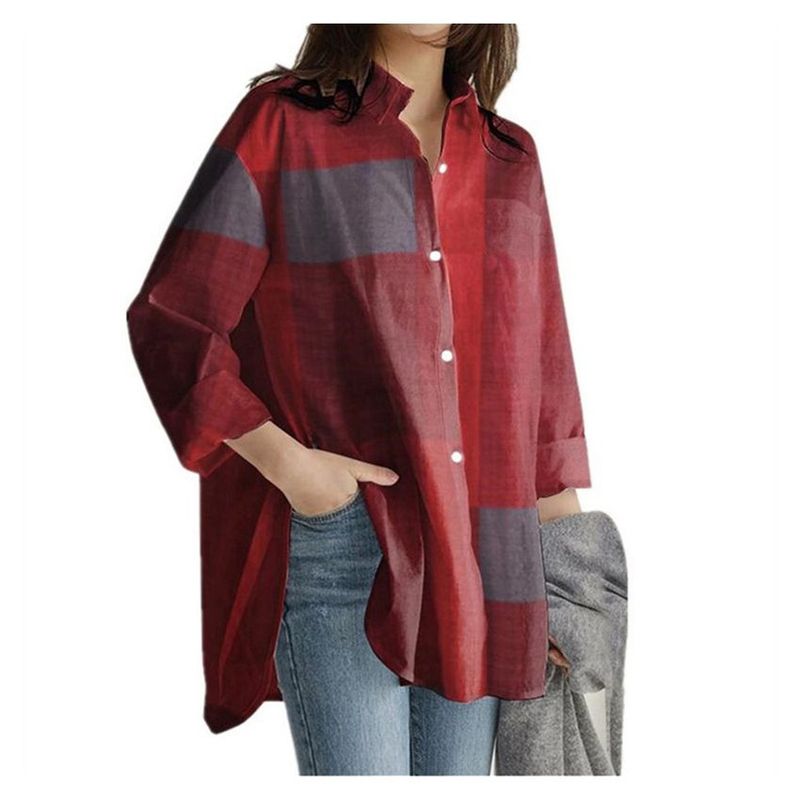 SUPER BABY - Camisa casual de cuadros de manga larga para mujer-rojo.