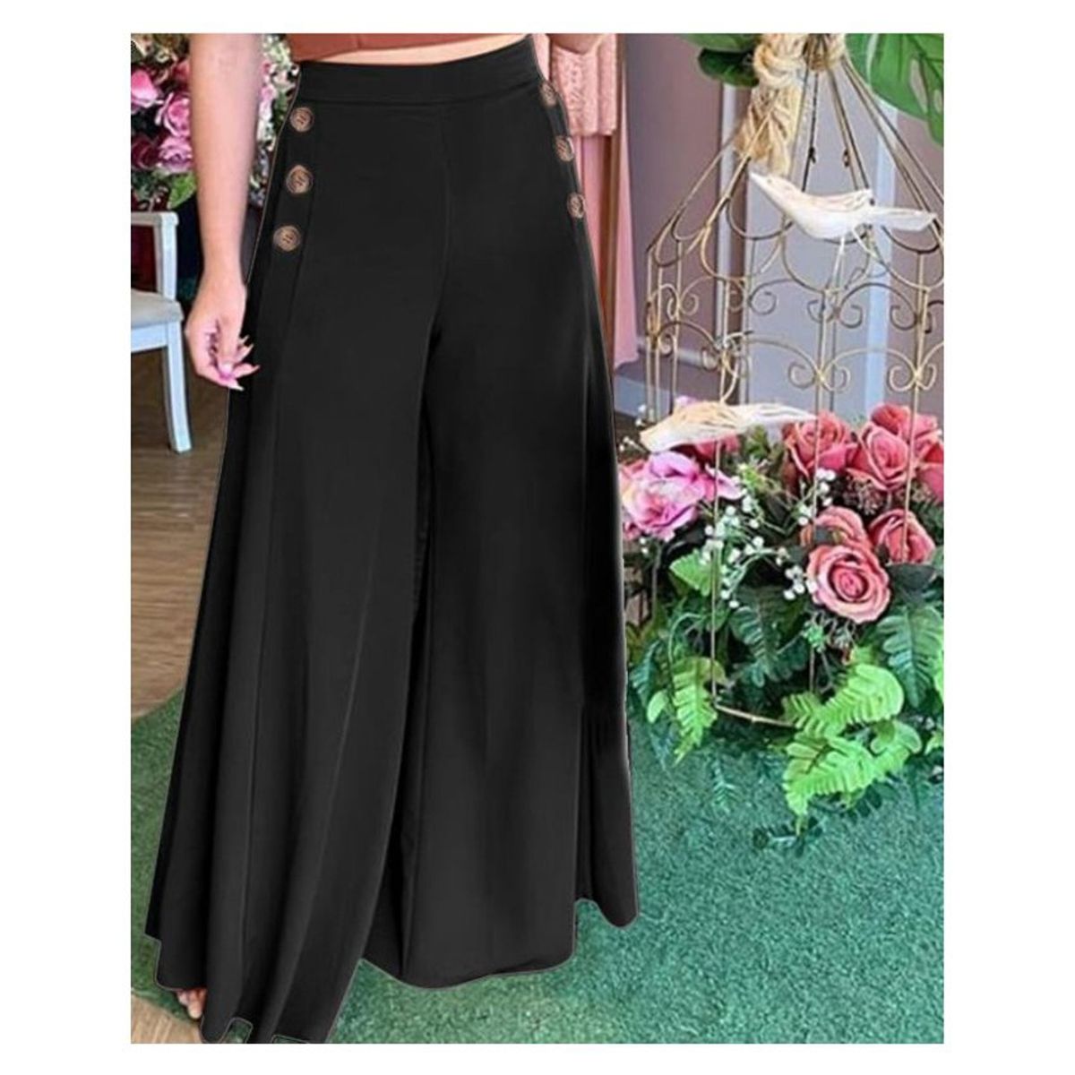 GENERICO - Pantalones anchos de cintura alta elásticos con botones para mujer-negro.