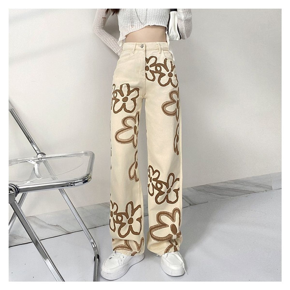 GENERICO - Cuteandpsycho pantalones vaqueros con estampado floral para mujer khaki