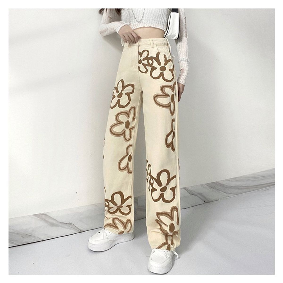 GENERICO - Cuteandpsycho pantalones vaqueros con estampado floral para mujer khaki