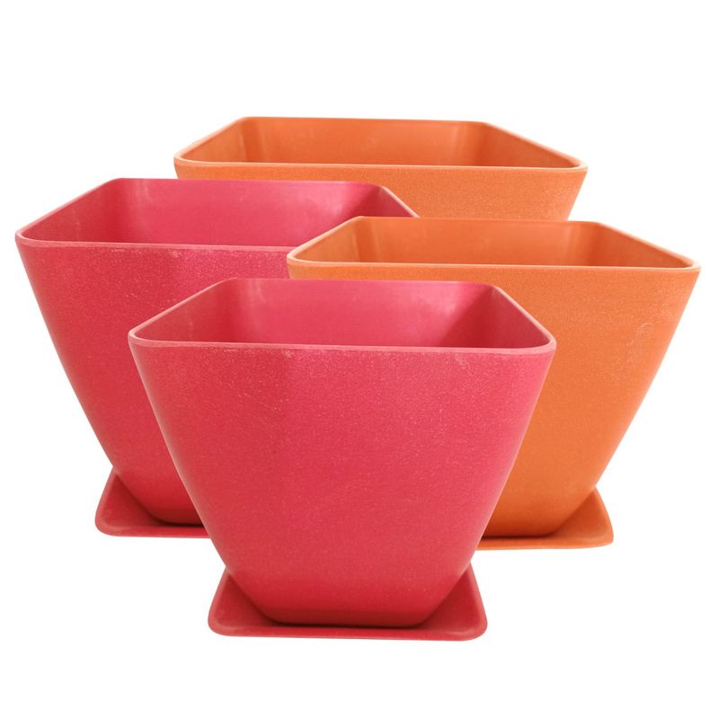 DECOGREEN - SET 4 MACETEROS BIODEGRADABLE CUADRADOS CON PLATO 2 CORAL 2 NARANJA