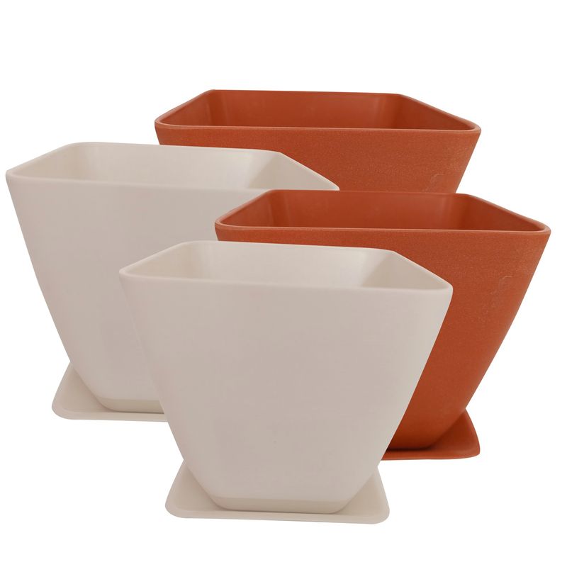 DECOGREEN - SET DE 4 MACETAS BIODEGRADABLE CUADRADOS CON PLATO 2 BLANCO 2 NARANJA